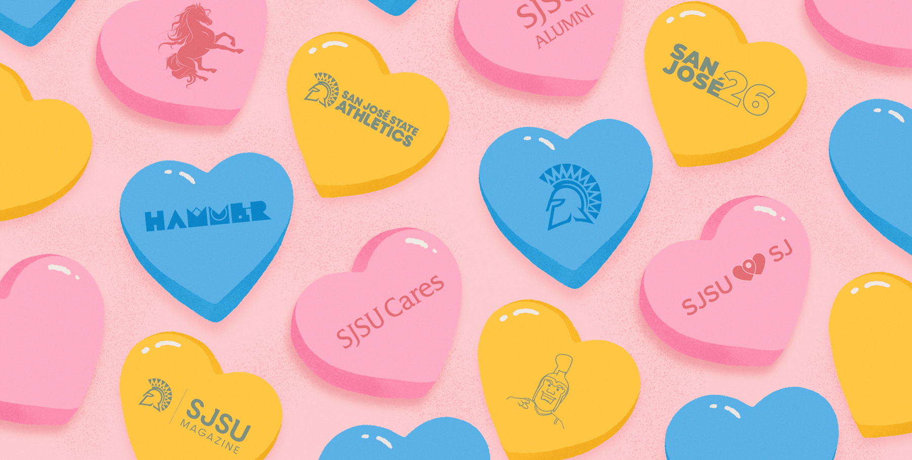 Pastel candy hearts patterned with San José State University logos,designed to celebrate Valentine’s Day.