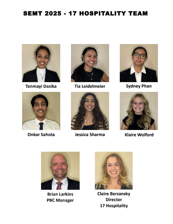 Tanmayi Dasika, Tia Leidelmeier, Sydney Phan, Onkar Sahota, Jessica Sharma, Klaire Wolford, Brian Larkins (PBC Manager), and Claire Berzansky (Director of 17 Hospitality)