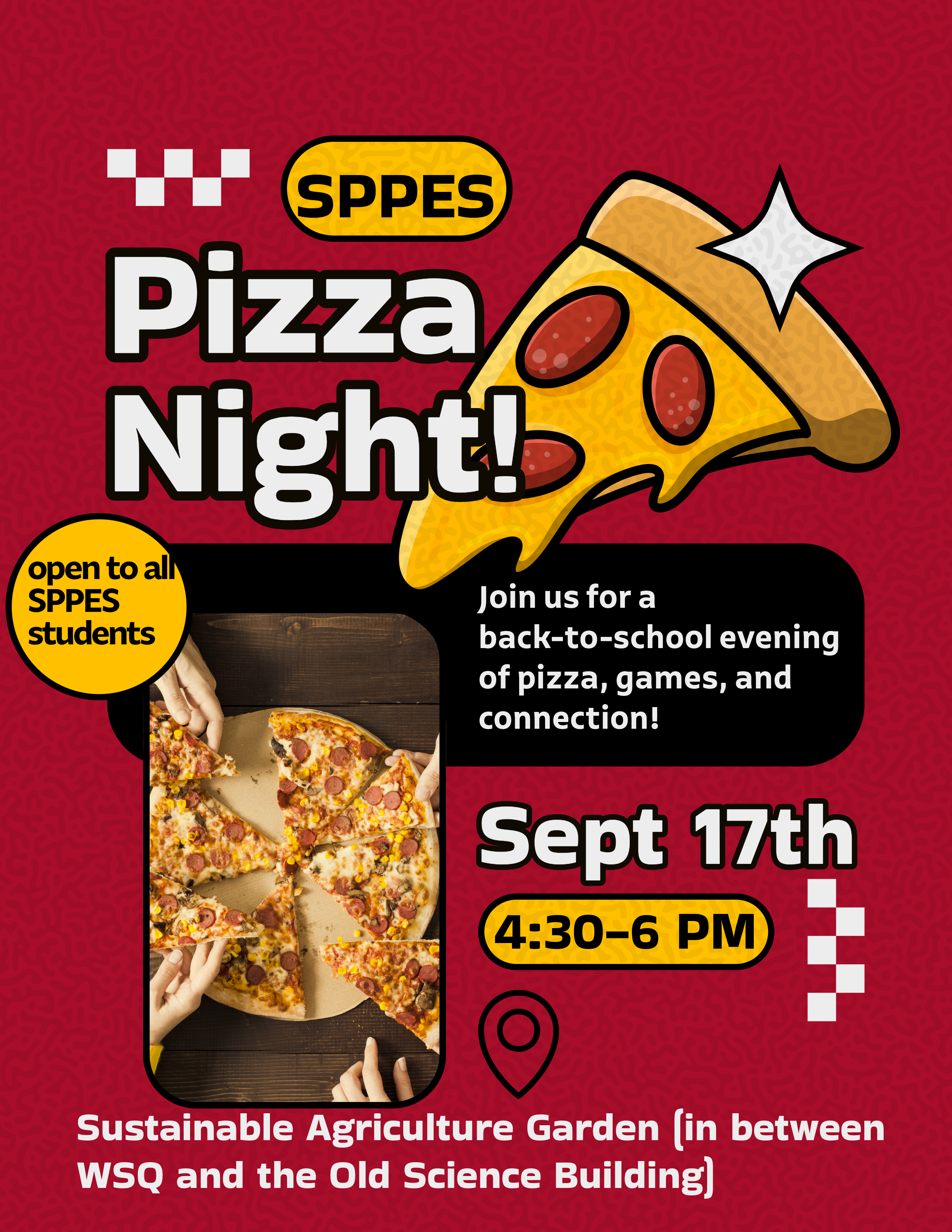 flyer with red bg and images of pizza